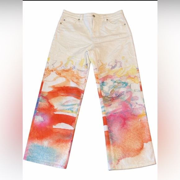 Ag Adriano Goldschmied Saige Mid-Rise Wide-Leg Jeans with Watercolor Wash, sz 28 - Picture 2 of 13